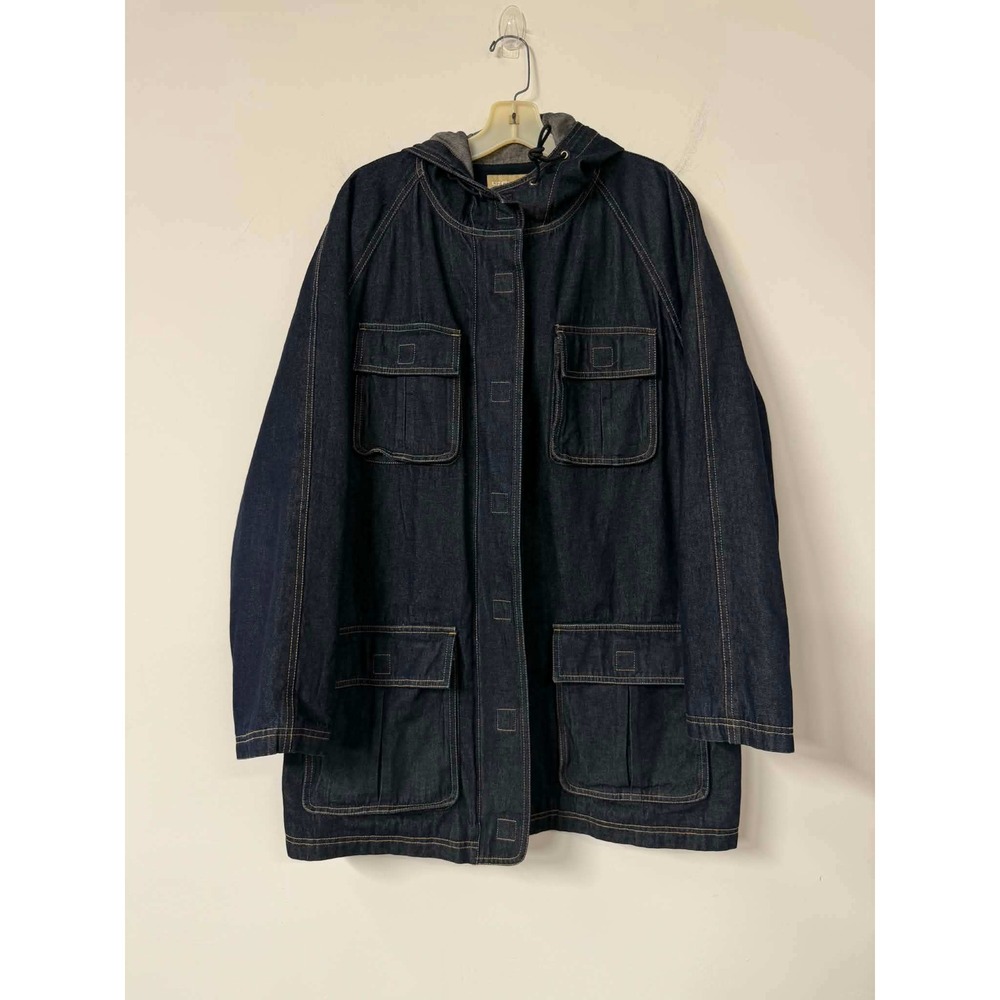 Vtg Womens L Dark Blue Denim Field Chore Jacket Hooded Fleece Lined Utility